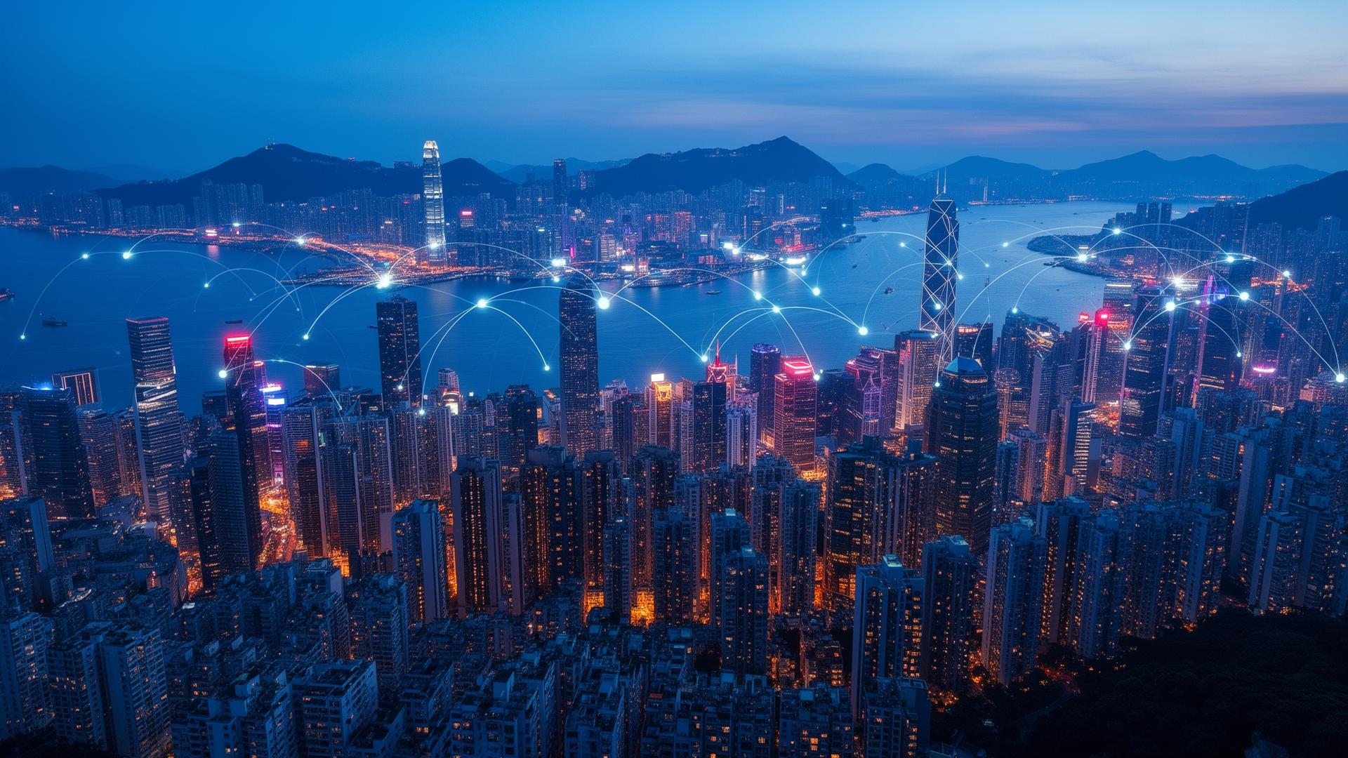 Hong Kong skyline at twilight with connected innovation network across the city